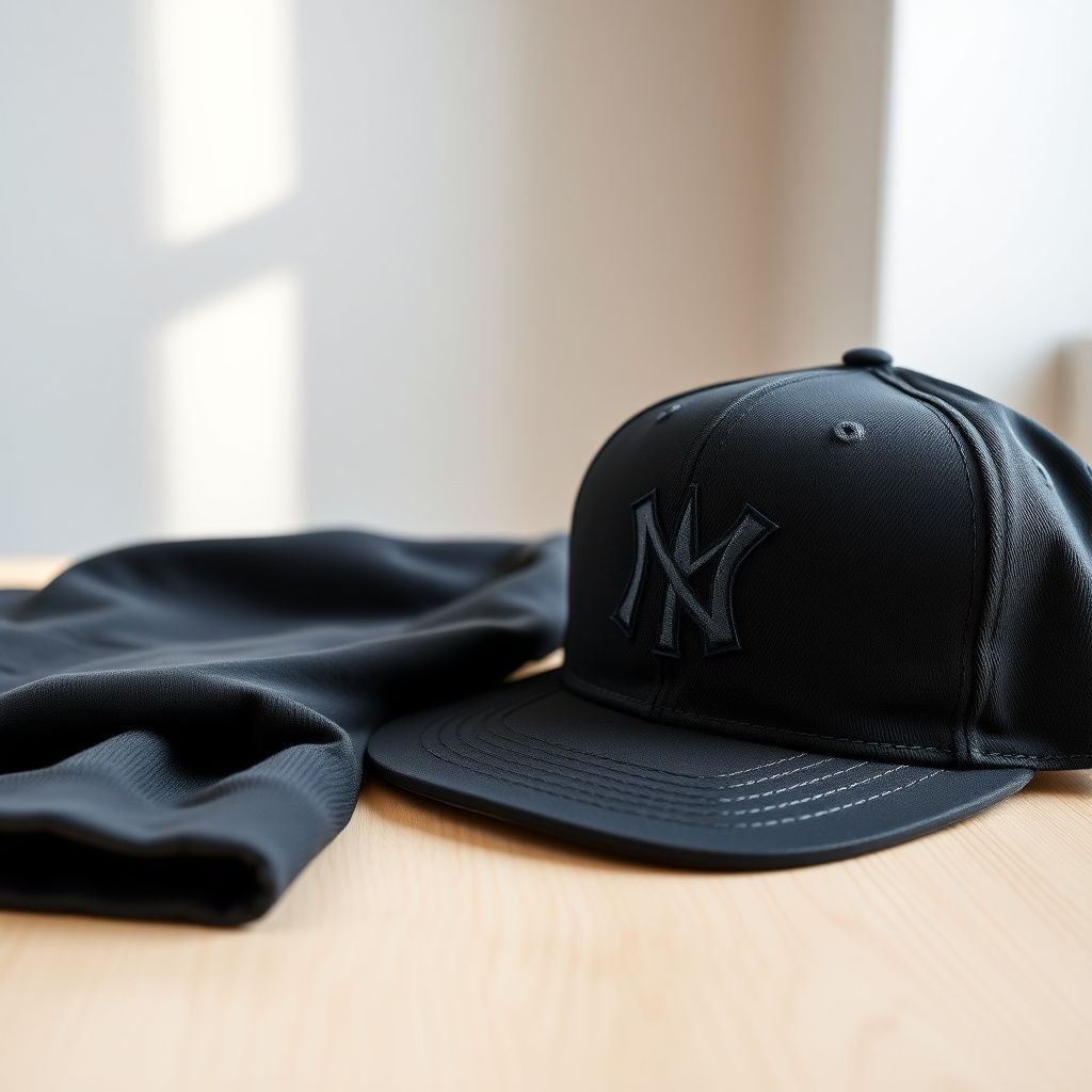 Saubere schwarze Stickerei auf dunklem Stoff, minimalistisches Design