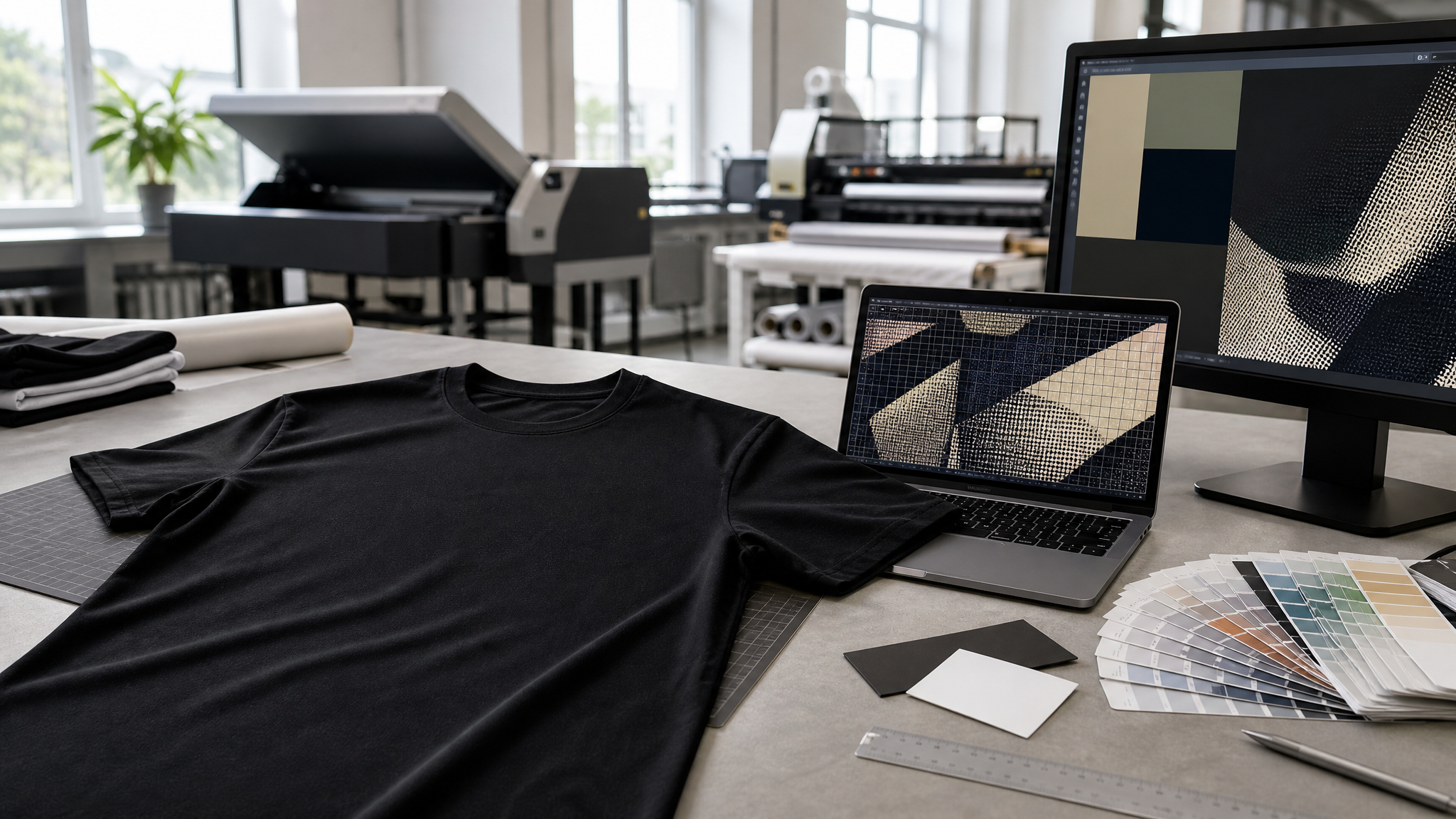 Druckdatei und T-Shirt im Textildruckstudio zur Vorbereitung der richtigen DPI Auflösung