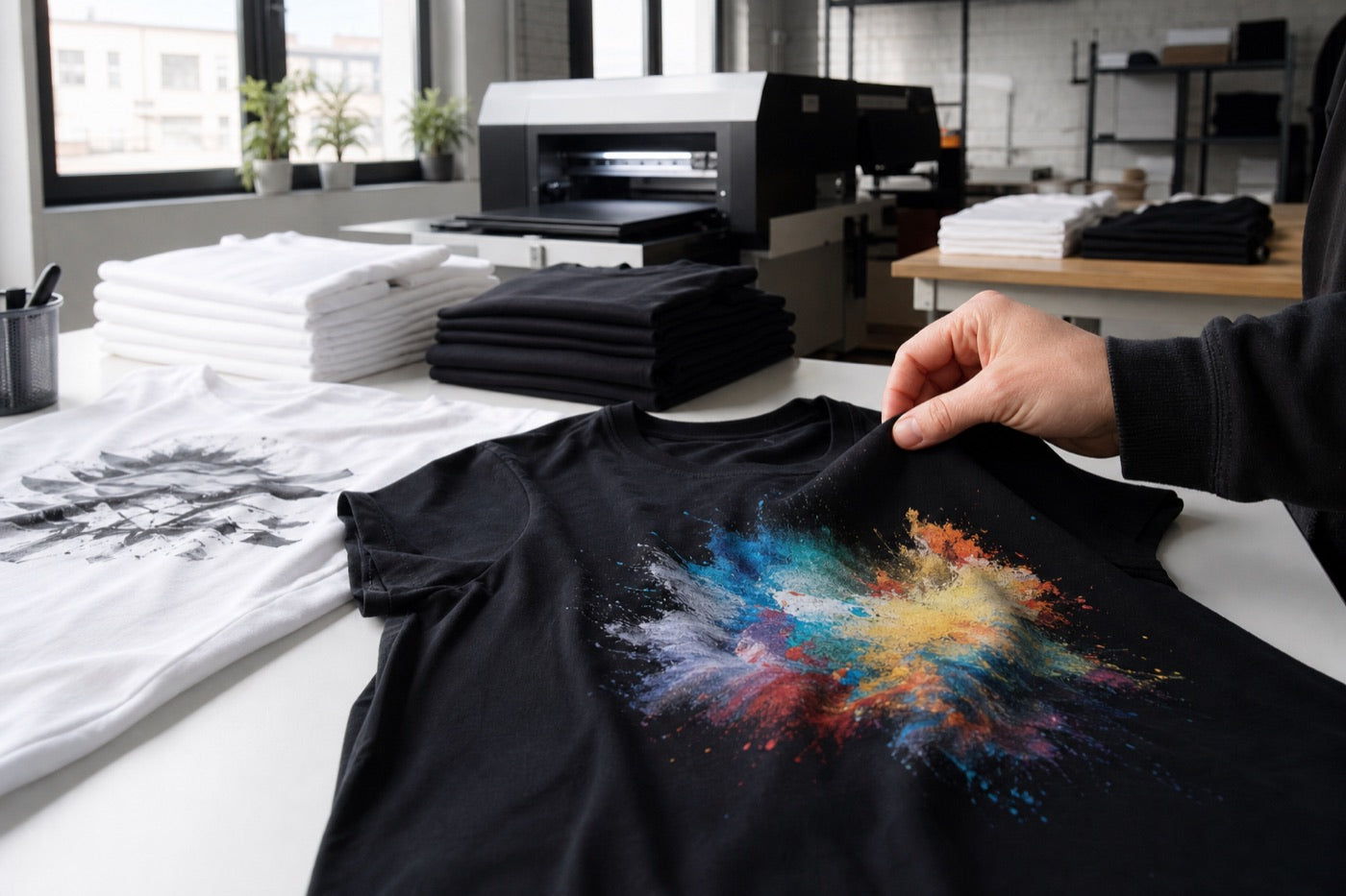 Frisch bedruckte Premium T-Shirts im DTG Studio mit kontrolliertem Druckbild