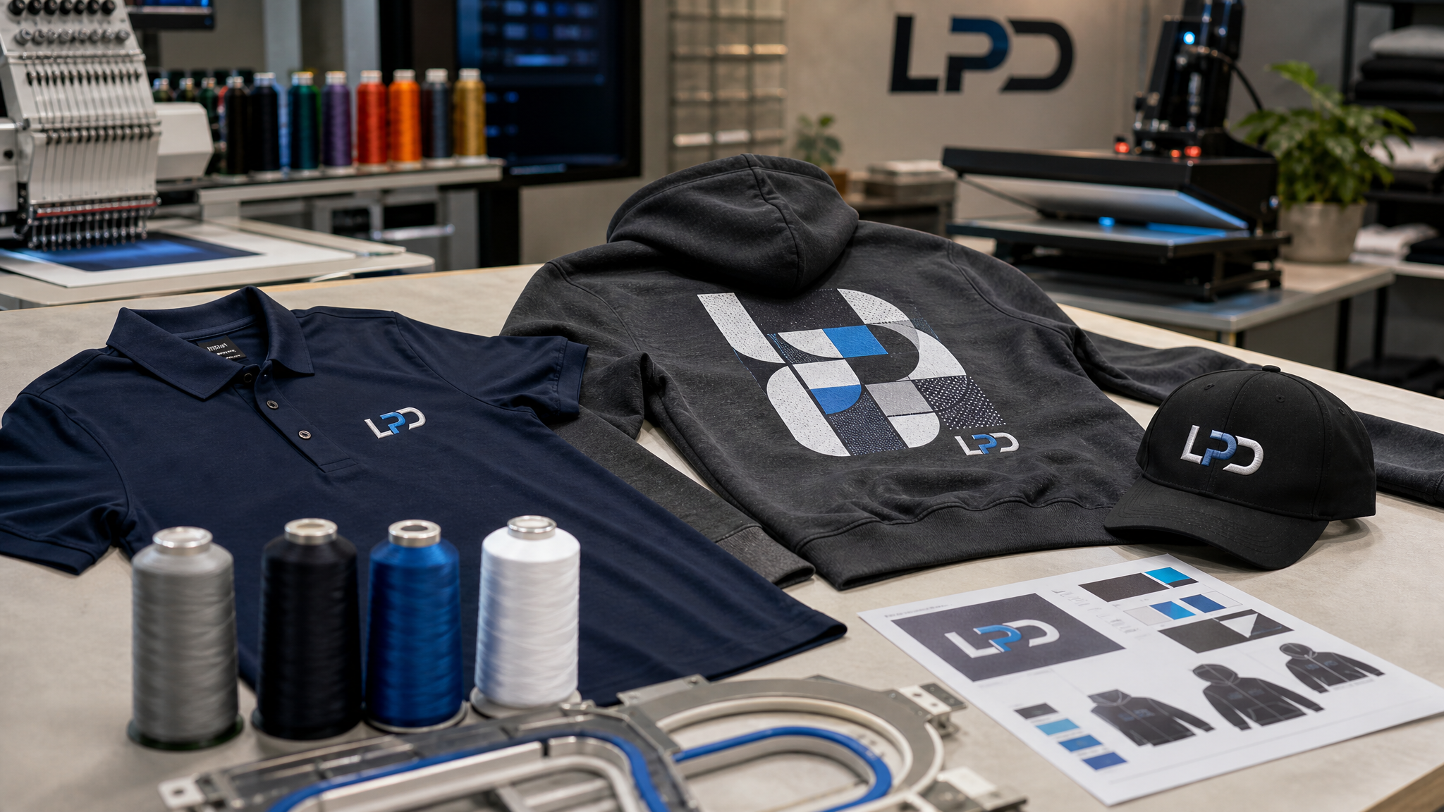 Firmenbekleidung in Schweinfurt mit besticktem Polo, bedrucktem Hoodie und Cap mit Logo