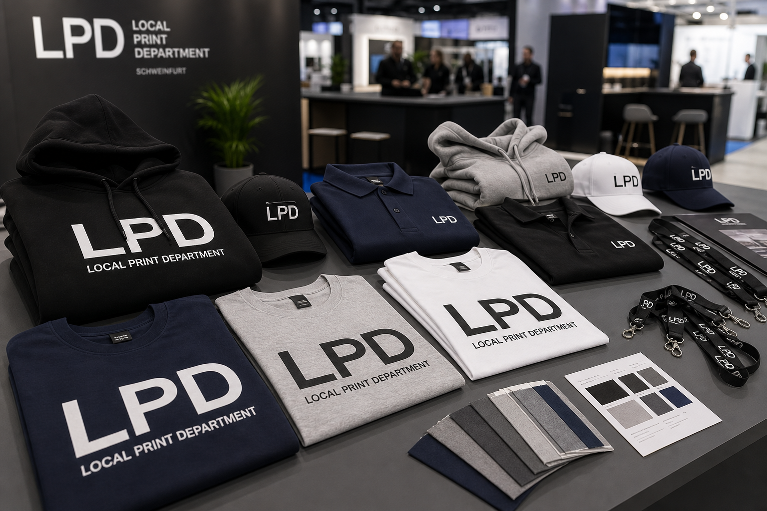 Bedruckte und bestickte Corporate Wear für Messe und Events in Mainfranken mit LPD Logo auf Shirts, Hoodies und Caps