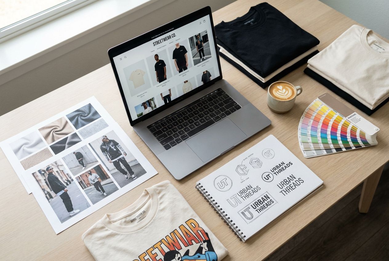 Moderner Streetwear Brand Workspace mit MacBook, T-Shirt Blanks und Skizzenbuch