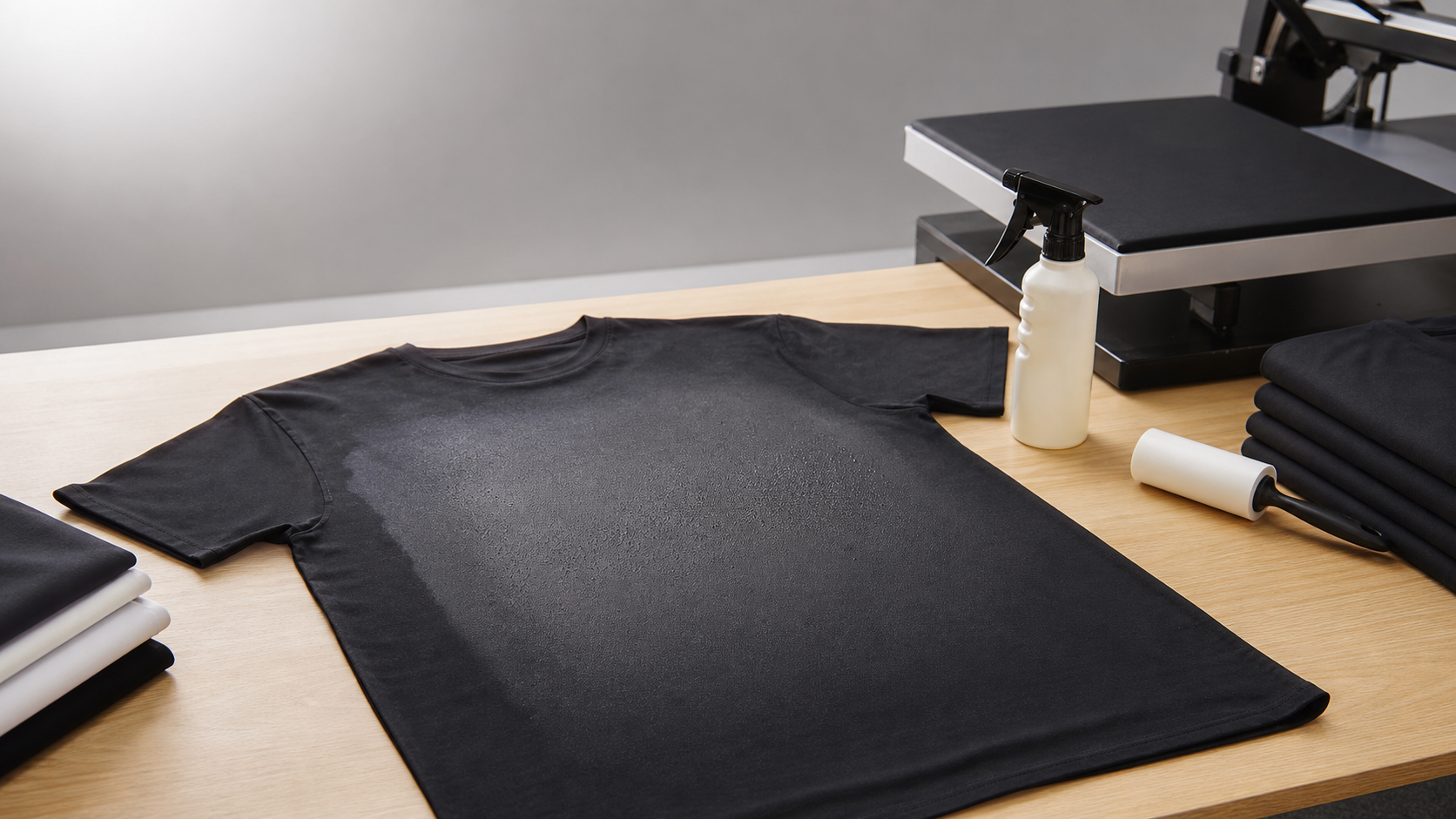 Schwarzes T-Shirt im DTG-Studio mit sichtbarer Vorbehandlung vor dem Druck