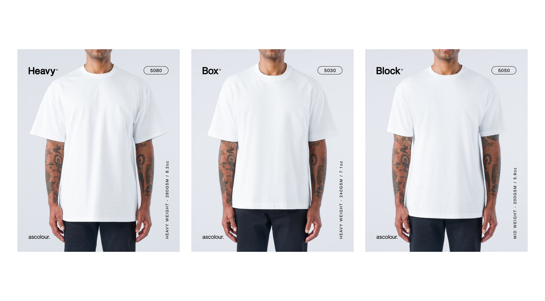 AS Colour Heavy Tee 5080, Box Tee 5030 und Block Tee 5050 im direkten Fit-Vergleich