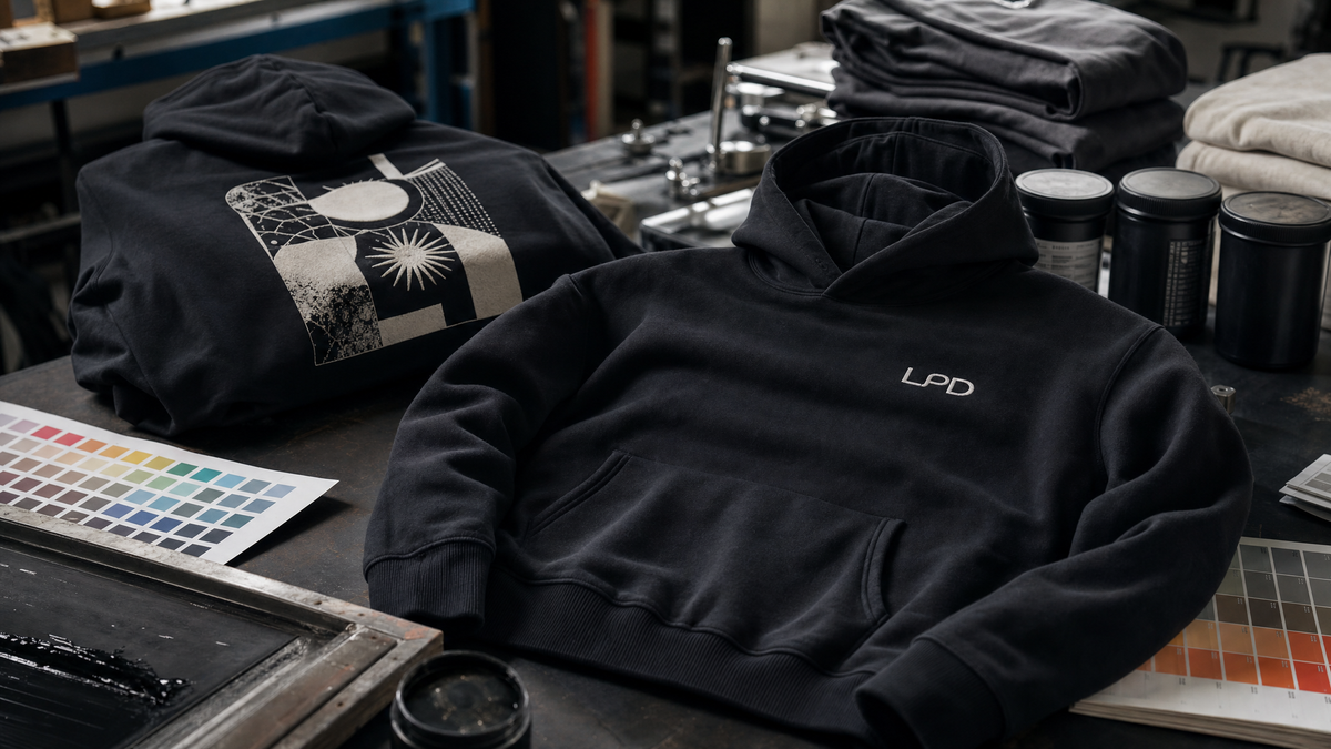 Bedruckter schwarzer Hoodie mit sichtbarem Rückenprint und gesticktem Logo für Premium Hoodie-Druck