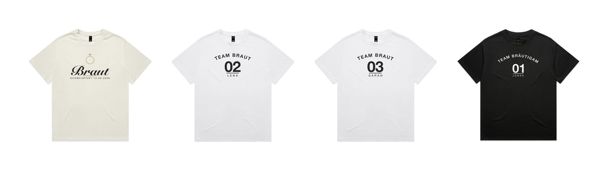 JGA-Shirts auf dem AS Colour 5080 mit Bogenschrift und Trikotnummern: Braut in Ecru, Team Braut in Weiß, Team Bräutigam in Schwarz