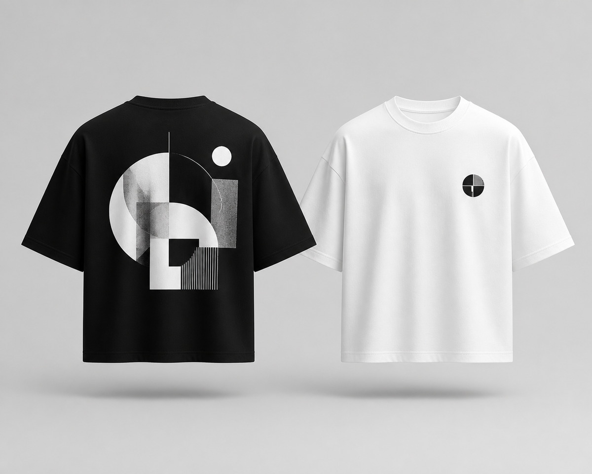 Schwarzes Oversized T-Shirt mit großem Rückenprint neben weißem Oversized Shirt mit kleinem Brustprint