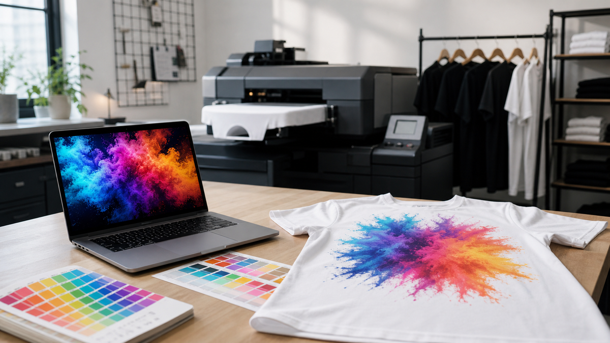 RGB Design auf Laptop neben gedrucktem T-Shirt im DTG-Studio